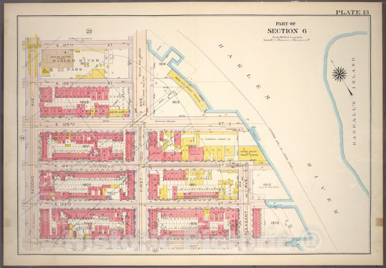 Historic 1914 Map - Plate 13, Part Of Section 6: [Bounded By E. 127Th Street, First - Vintage Wall Art