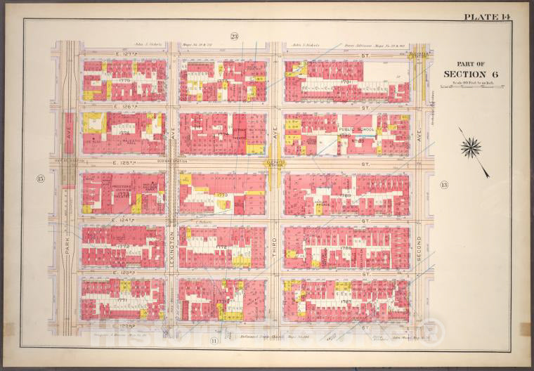 Historic 1914 Map - Plate 14, Part Of Section 6: [Bounded By E, 127Th Street, Second - Vintage Wall Art