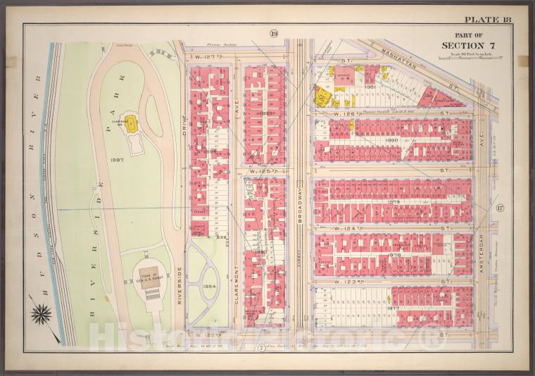 Historic 1914 Map - Plate 18, Part Of Section 7: [Bounded By W. 127Th Street, Manhat - Vintage Wall Art