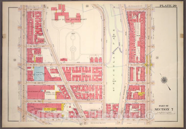 Historic 1914 Map - Plate 20, Part Of Section 7: [Bound By W. 133Rd Street (Convent - Vintage Wall Art