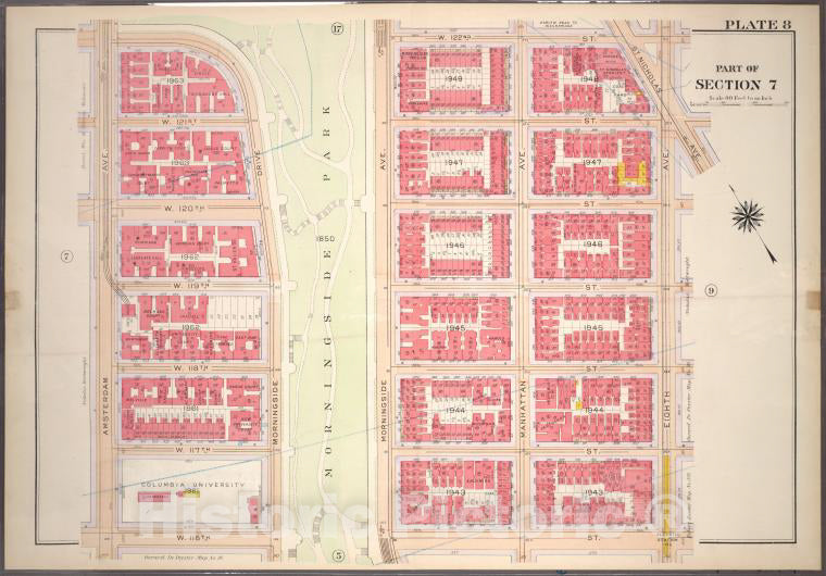 Historic 1914 Map - Plate 8, Part Of Section 7: [Bounded By W. 122Nd Street, Eighth - Vintage Wall Art