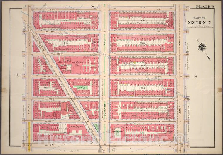 Historic 1914 Map - Plate 9, Part Of Section 7: [Bounded By W. 122Nd Street, Lenox A - Vintage Wall Art