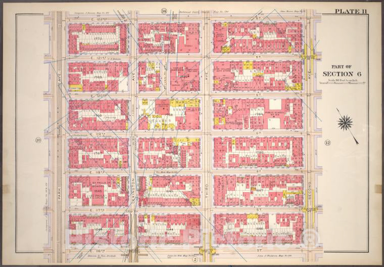 Historic 1914 Map - Plate 11, Part Of Section 6: [Bounded By E. 122Nd Street, Second - Vintage Wall Art