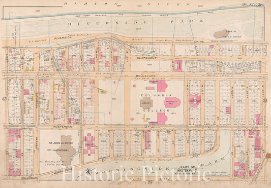 Historic 1897 Map - [Plate 38: Bounded By (Hudson River) Riverside Park, Drive, W. 1 - Vintage Wall Art