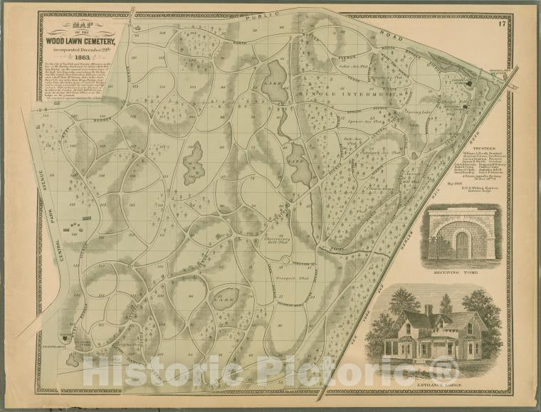 Historic 1868 Map - Plate 17: Map Of The Woodlawn Cemetery, Incorporated December 29 - Vintage Wall Art