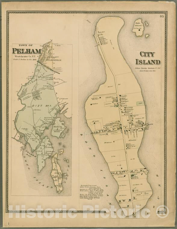 Historic 1868 Map - Plate 35: City Island, Pelham Township, Westchester Co. N.Y. - Vintage Wall Art