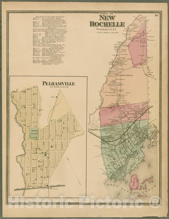 Historic 1868 Map - Plate 36: Town Of New Rochelle, Westchester Co. N.Y. - Vintage Wall Art