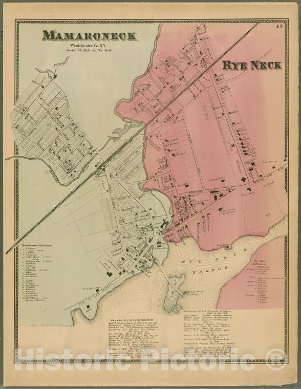 Historic 1868 Map - Plate 43: Mamaroneck, Westchester Co. N.Y. - Rye Neck. - Vintage Wall Art