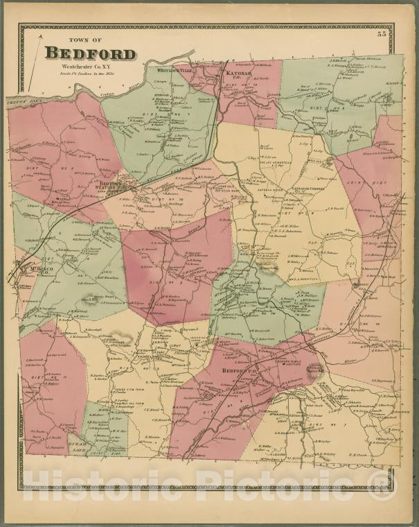 Historic 1868 Map - Plate 55: Town Of Bedford, Westchester Co. N.Y. - Vintage Wall Art
