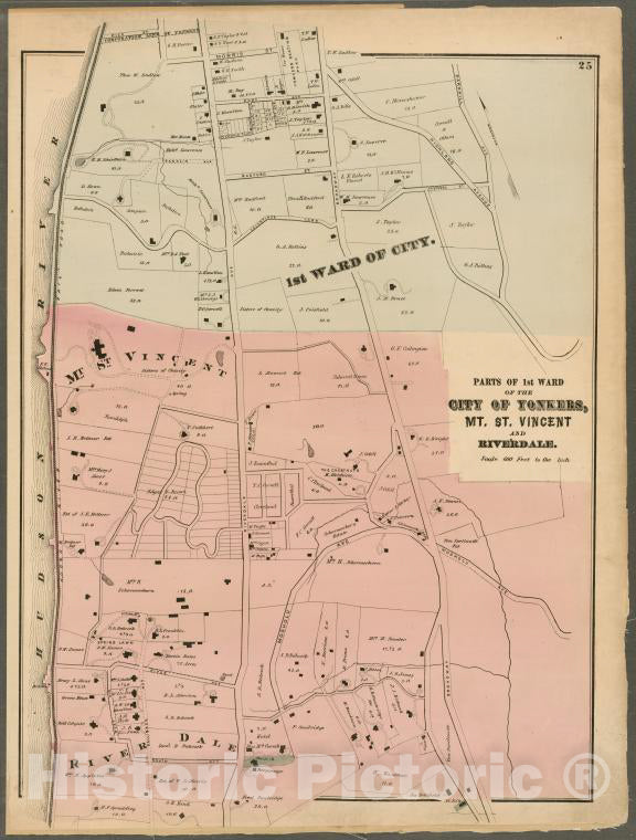 Historic 1872 Map - Plate 25: Parts Of 1St Ward Of The City Of Yonkers, Mt. St. Vinc - Vintage Wall Art