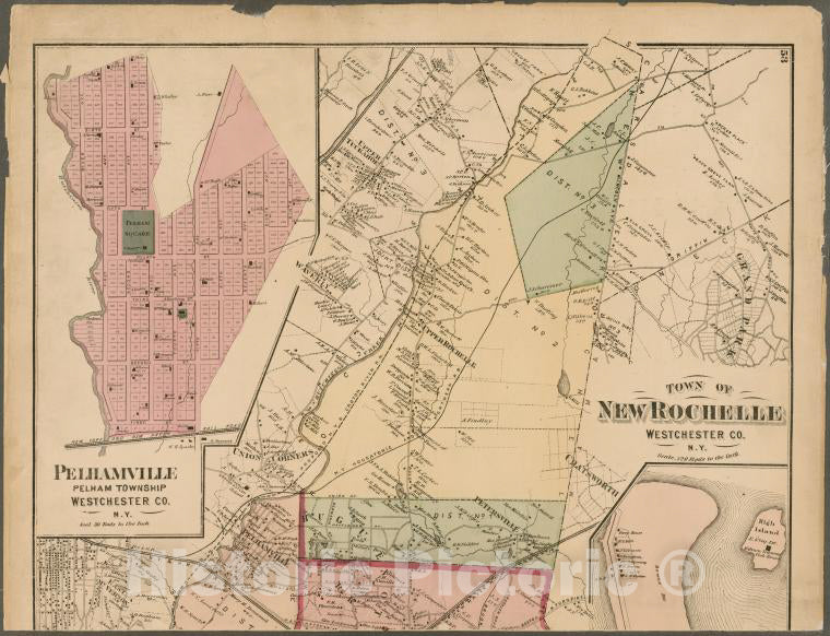 Historic 1872 Map - Plates 53 & 54: Town Of New Rochelle, Westchester Co. N.Y. - Tow - Vintage Wall Art