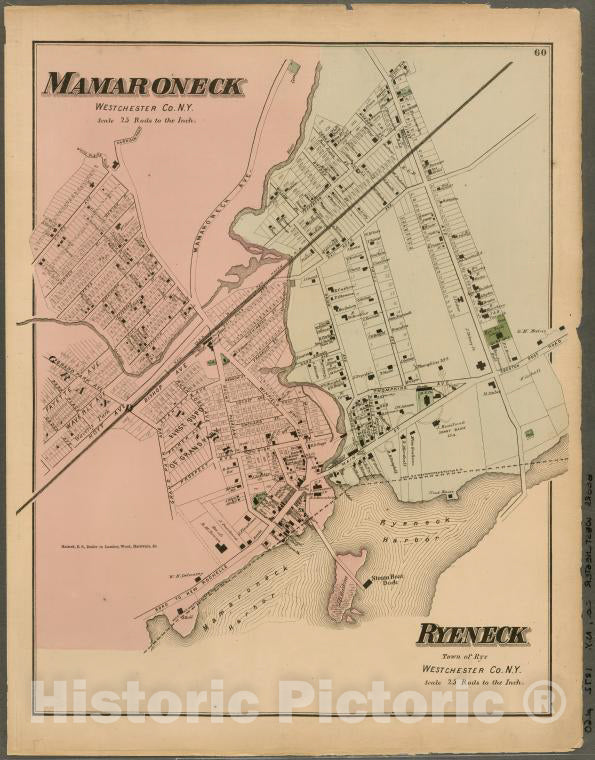Historic 1872 Map - Plate 60: Mamaroneck, Westchester Co. N.Y. - Ryeneck, Town Of Ry - Vintage Wall Art