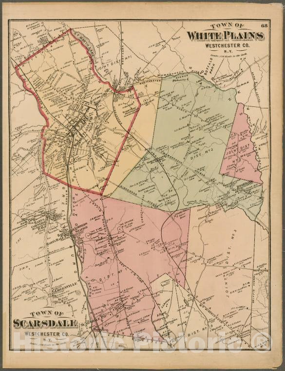 Historic 1872 Map - Plate 68: Town Of White Plains, Westchester Co. N.Y. - Town Of S - Vintage Wall Art