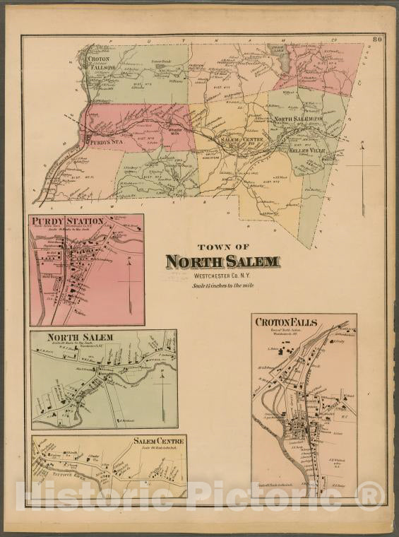 Historic 1872 Map - Plate 80: Town Of North Salem, Westchester Co. N.Y. - Vintage Wall Art