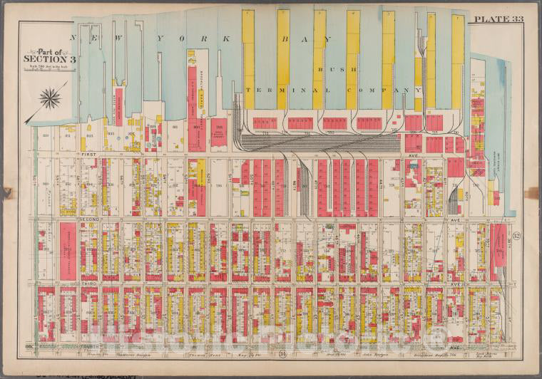 Historic 1908 Map - Plate 33: [Bounded By First Avenue (New York Bay Piers), 40Th St - Brooklyn (New York, N.Y.) - Vintage Wall Art