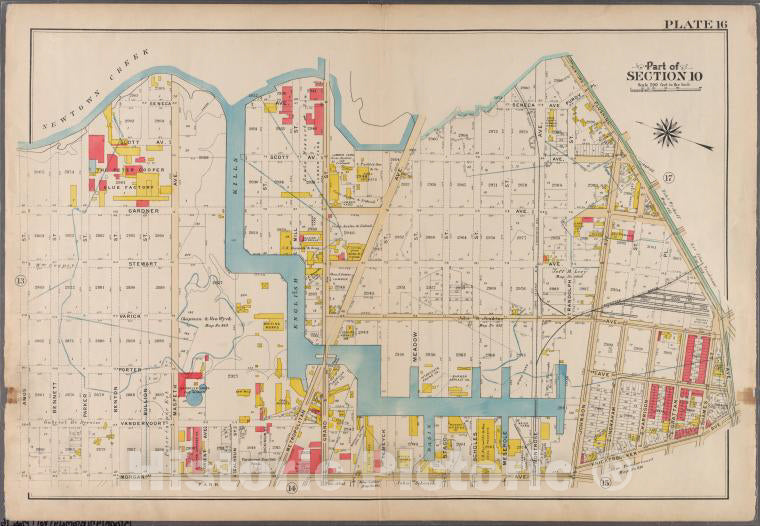 Historic 1908 Map - Plate 16: [Bounded By Newton Creek (Seneca Avenue), Grand Street - Brooklyn (New York, N.Y.) - Vintage Wall Art