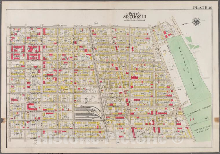 Historic 1908 Map - Plate 39: [Bounded By Barbey Street, (Highland Park) Sunnyside A - Brooklyn (New York, N.Y.) - Vintage Wall Art