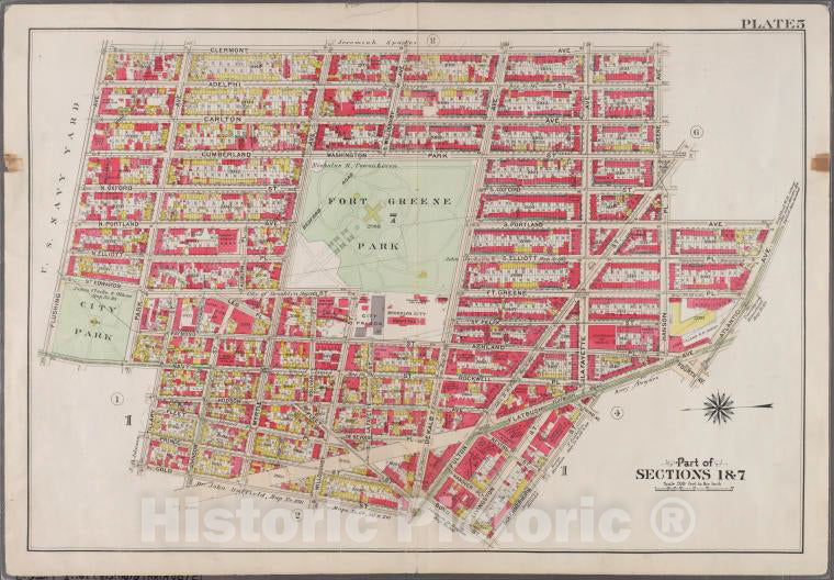 Historic 1908 Map - Plate 5: [Bounded By Clermont Avenue, Greene Avenue, S. Portland - Brooklyn (New York, N.Y.) - Vintage Wall Art