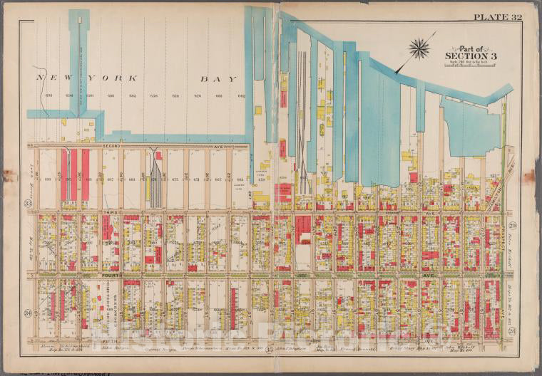 Historic 1908 Map - Plate 32: [Bounded By (New York Bay) Second Avenue, 28Th Street, Brooklyn (New York, N.Y.) - Vintage Wall Art