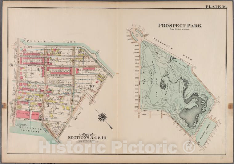 Historic 1908 Map - Plate 36: Prospect Park [Bounded By (Institute Park) Flatbush Av - Brooklyn (New York, N.Y.) - Vintage Wall Art