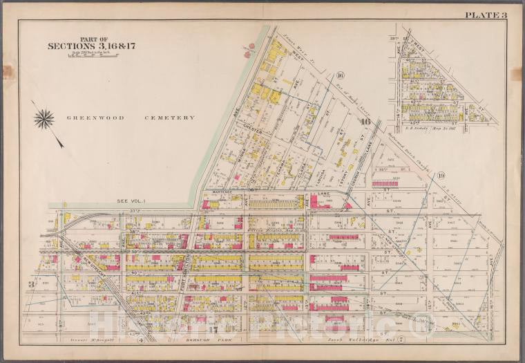 Historic 1907 Map - Plate 3: [Bounded By (Greenwood Cemetery) 37Th Street, Fort Hami - Brooklyn (New York, N.Y.) - Vintage Wall Art
