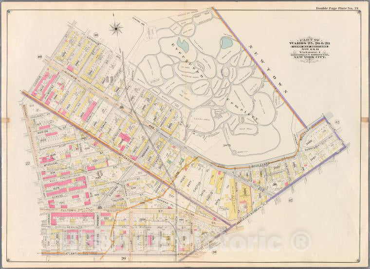 Historic Map - 1898 Brooklyn (New York, N.Y.),Evergreen, Central, Bushwick, (Evergreen Cemetery) Boulevard, Miller, Jamaica, East New York, Atlantic, Rockway - Vintage Wall Art