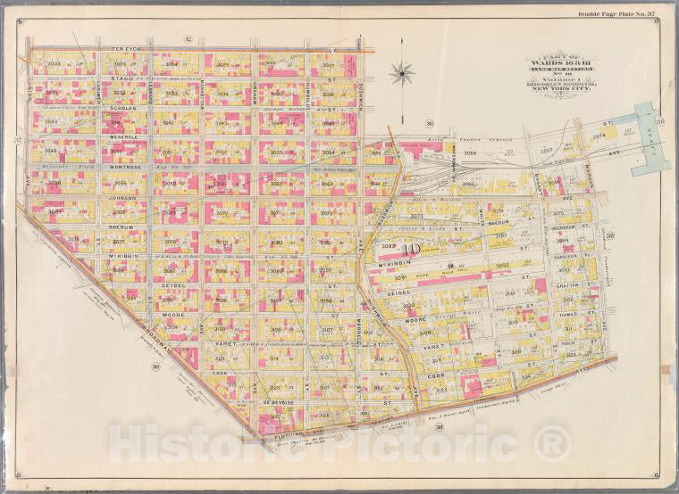 Historic Map - 1898 Brooklyn (New York, N.Y.) Plate No. 37: [Ten Eyck Street, Bushwick Ave, Meserole Street, Morgan Ave, Flushing Ave, Broadway And Union Ave.] - Vintage Wall Art