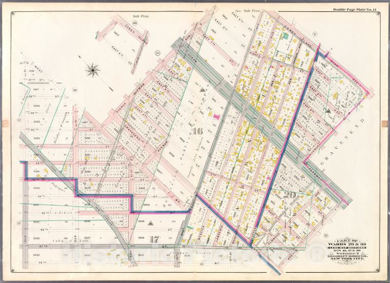 Historic 1898 Map - Double Page Plate No. 11: [Bounded By West Street, Ditmas Avenue - Vintage Wall Art