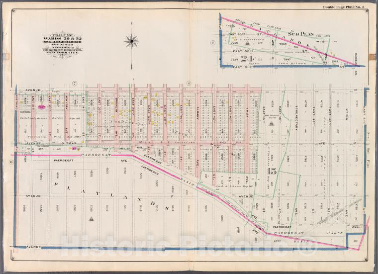 Historic 1898 Map - Double Page Plate No. 5: [Bounded By Avenue D, East 53Rd Street, Vintage Wall Art