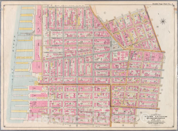 Historic Map - 1898 Brooklyn (New York, N.Y.), Clark Fulton Johnson Bridge Hoyt Bergen Smith Warren Court Baltic (East River Piers Columbia Atlantic - Vintage Wall Art