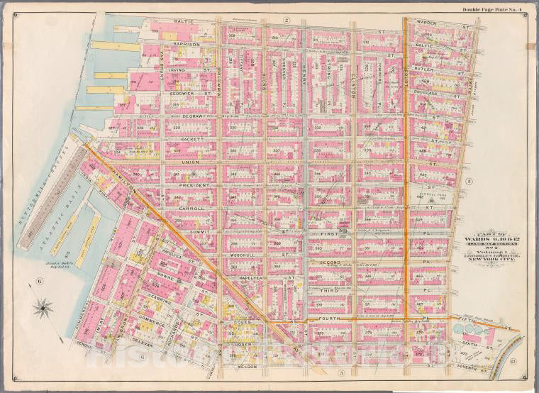 Historic Map - 1898 Brooklyn (New York, N.Y.),Baltic Court Warren Smith Nelson Columbia Dwight Delevan Van Brunt Verona Commercial Wharf, Hamilton - Vintage Wall Art
