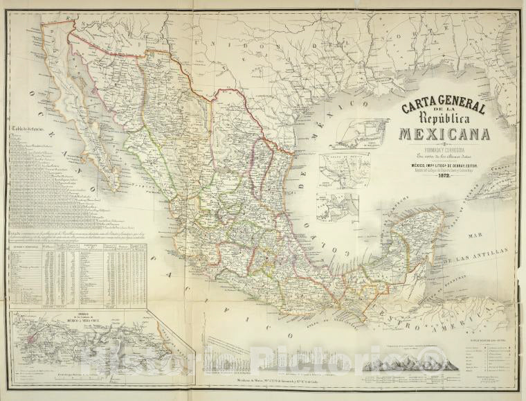 Historic 1869 Map - Carta General De La Republica Mexicana - Vintage Wall Art