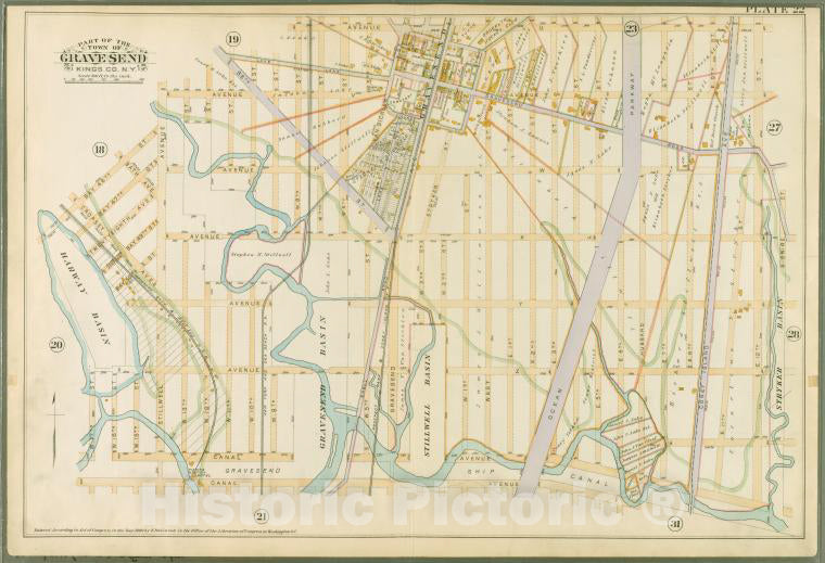 Historic 1890 Map - Plate 22: [Bounded By Avenue U, (Stryker Basin) E. 12Th Street, Vintage Wall Art
