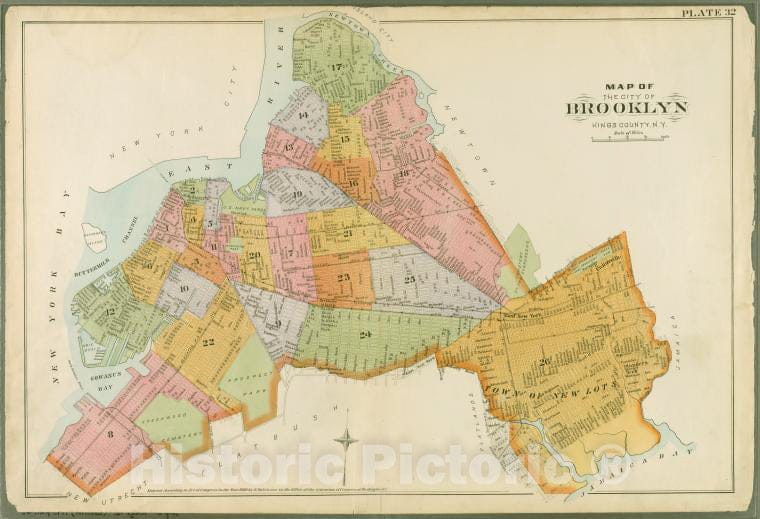 Historic 1890 Map - Plate 32: Map Of The City Of Brooklyn, Kings Co, N.Y. - Vintage Wall Art