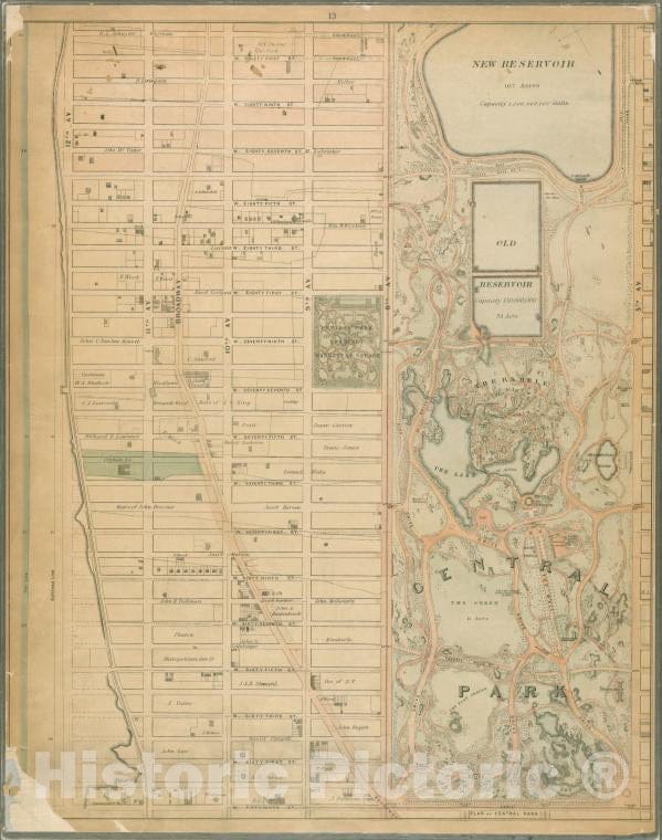 Historic 1867 Map - Sheet 13: [Bounded By W. Ninty First Street, (New Reservoir) 5Th Avenue, Fifty Ninth Street And 12Th Avenue.] - Vintage Wall Art