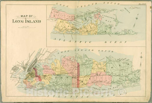 Historic 1891 Map - Plate 3: Map Of Long Island. - Queens County (N.Y.)- Atlas Of Queens Co, Long Island, New York [1891] - Vintage Wall Art