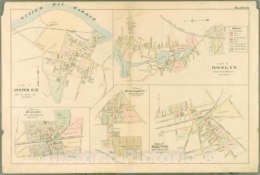 Historic Map - 1891 Queens County, New York (N.Y.) Plate 26: Village Of Oyster Bay, Oyster Bay. - Village Of Roslyn, North Hempstead. - Village Of Mineola - Vintage Wall Art