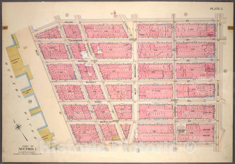Historic 1899 Map - Plate 5, Part Of Section 1: [Bounded By Reade Street, Broadway, Vintage Wall Art