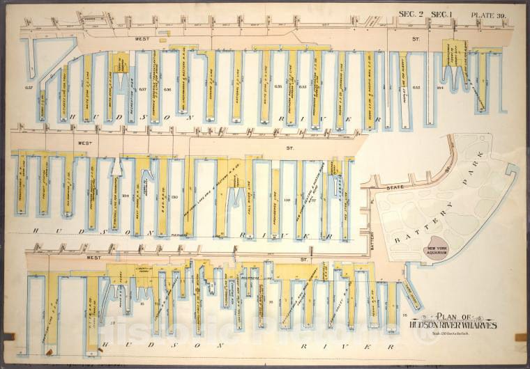 Historic 1899 Map - Plate 39, Sec. 2 & Sec. 1: Plan Of Hudson River Wharves [Covers - Vintage Wall Art