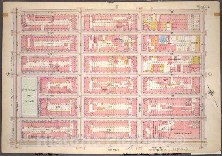 Historic 1899 Map - Plate 2, Part Of Section 3: [Bounded By E. 20Th Street, Avenue D - Vintage Wall Art