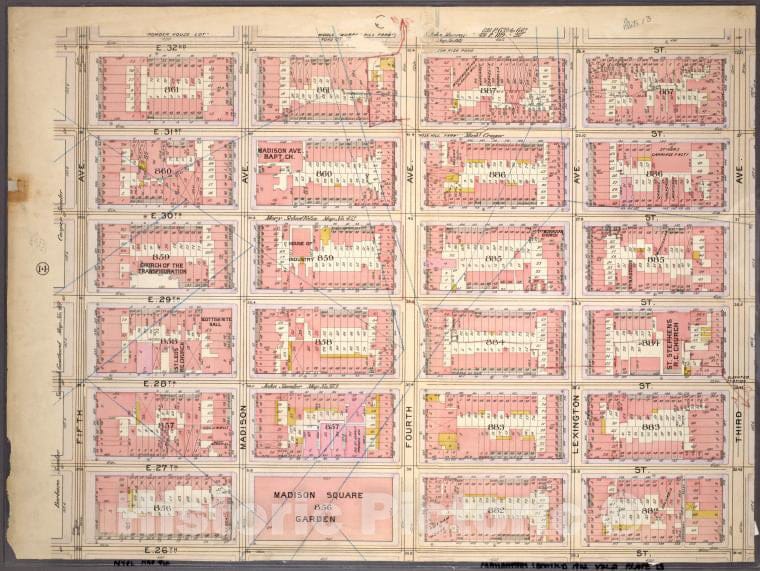 Historic 1899 Map - Plate 13, Part Of Section 3: [Bounded By E. 32Nd Street, Third A - Vintage Wall Art
