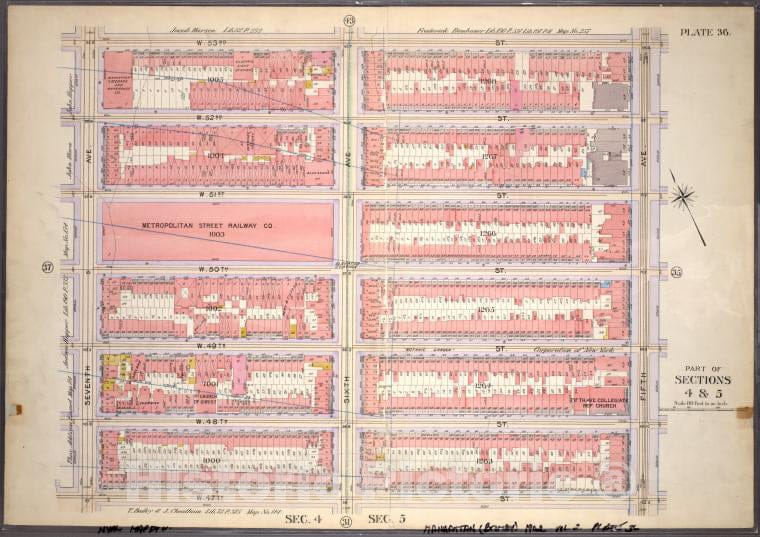 Historic 1899 Map - Plate 36, Part Of Sections 4&5: [Bounded By W. 53Rd Street, Fift - Vintage Wall Art