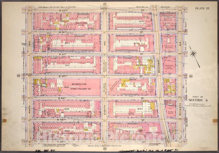 Historic 1899 Map - Plate 37, Part Of Section 4: [Bounded By W. 53Rd Street, Seventh - Vintage Wall Art