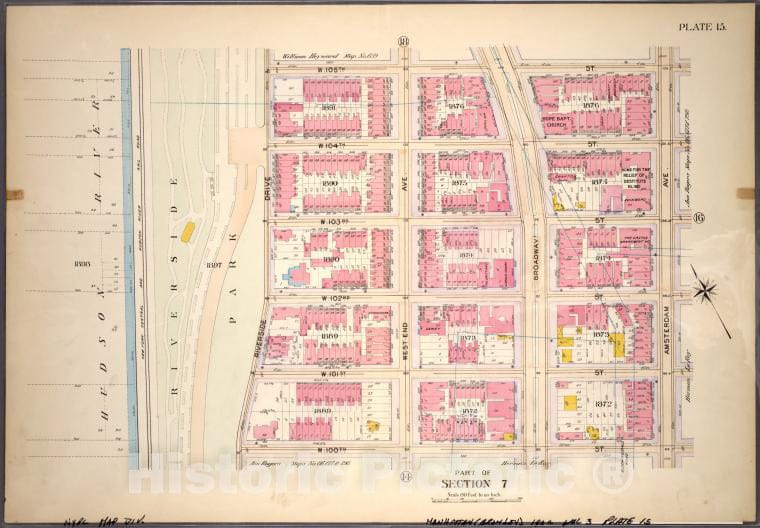 Historic 1898 Map - Plate 15, Part Of Section 7: [Bounded By W. 105Th Street, Amster - Vintage Wall Art