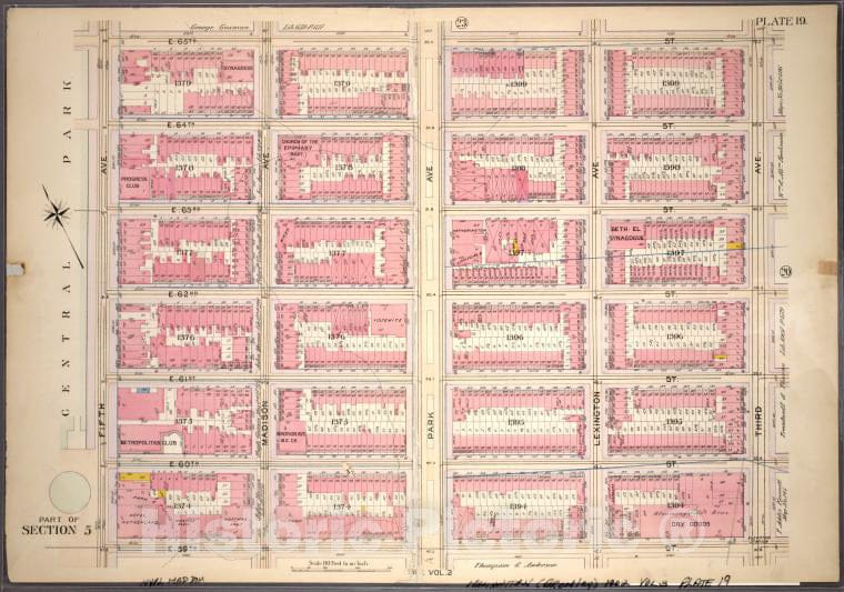 Historic 1898 Map - Plate 19, Part Of Section 5: [Bounded By E. 65Th Street, Third A - Vintage Wall Art