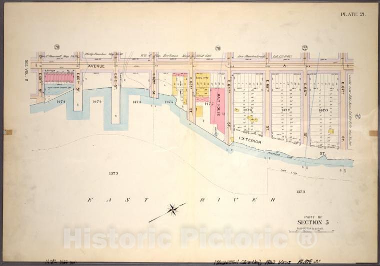 Historic 1898 Map - Plate 21, Part Of Section 5: [Bounded By E. 65Th Street, Avenue - Vintage Wall Art