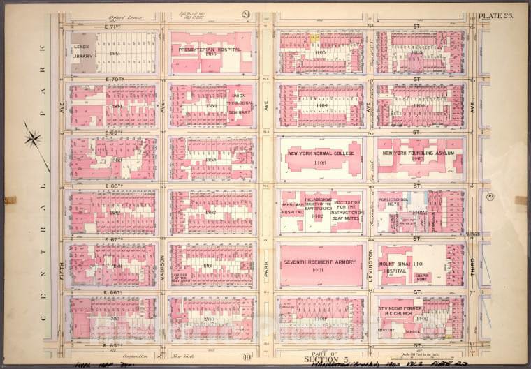 Historic 1898 Map - Plate 23, Part Of Section 5: [Bounded By E. 71St Street, Third A - Vintage Wall Art