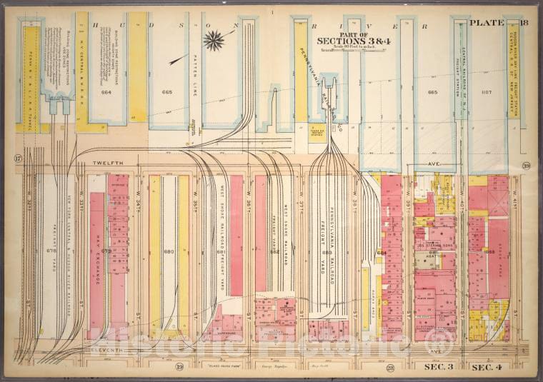 Historic 1920 Map - Plate 18, Part Of Sections 3&4: Bounded By (Hudson River Piers) T - Vintage Wall Art