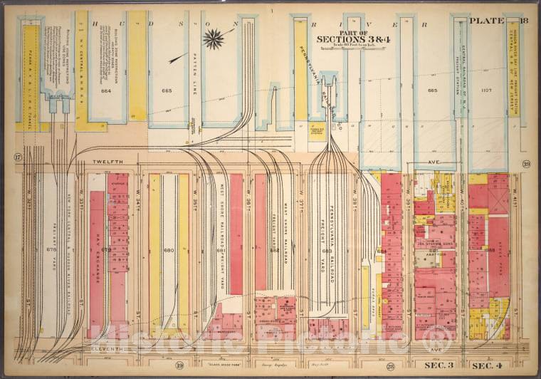 Historic 1920 Map - Plate 18, Part Of Sections 3&4: [Bounded By (Hudson River Docks) - Vintage Wall Art