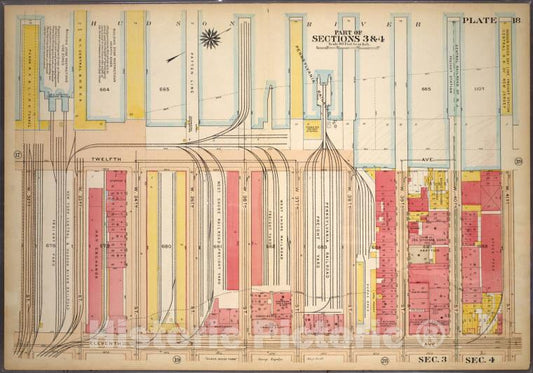 Historic 1920 Map - Plate 18, Part Of Sections 3&4: [Bounded By (Hudson River Docks) - Vintage Wall Art